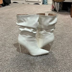 Public Desire ZURICH ECRU PATENT CROC STILETTO ANKLE POINTED HEELED BOOTS